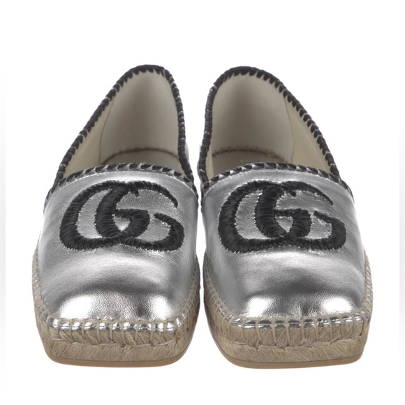 Gucci Authentic Double G Logo Patent Leather Espadrilles Silver Sz 40 - Picture 1 of 8